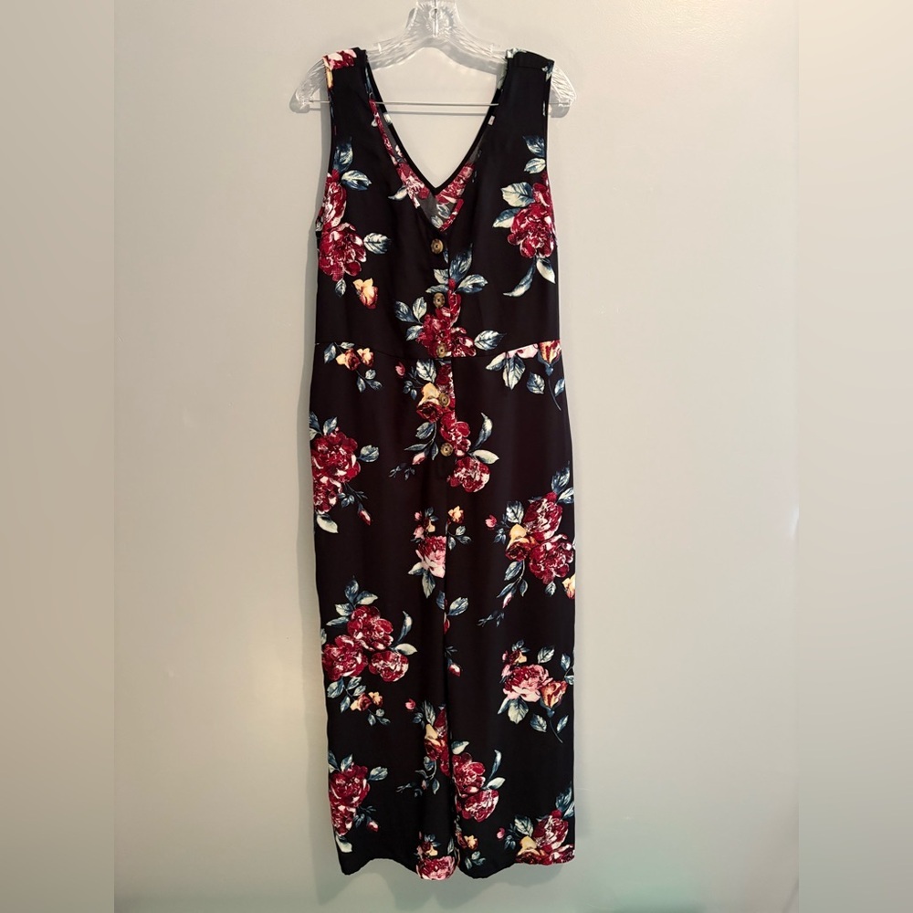 Xhilaration Women's Jumpsuit Large Floral Black Sleeveless V-Neck Button Front - Picture 12 of 16